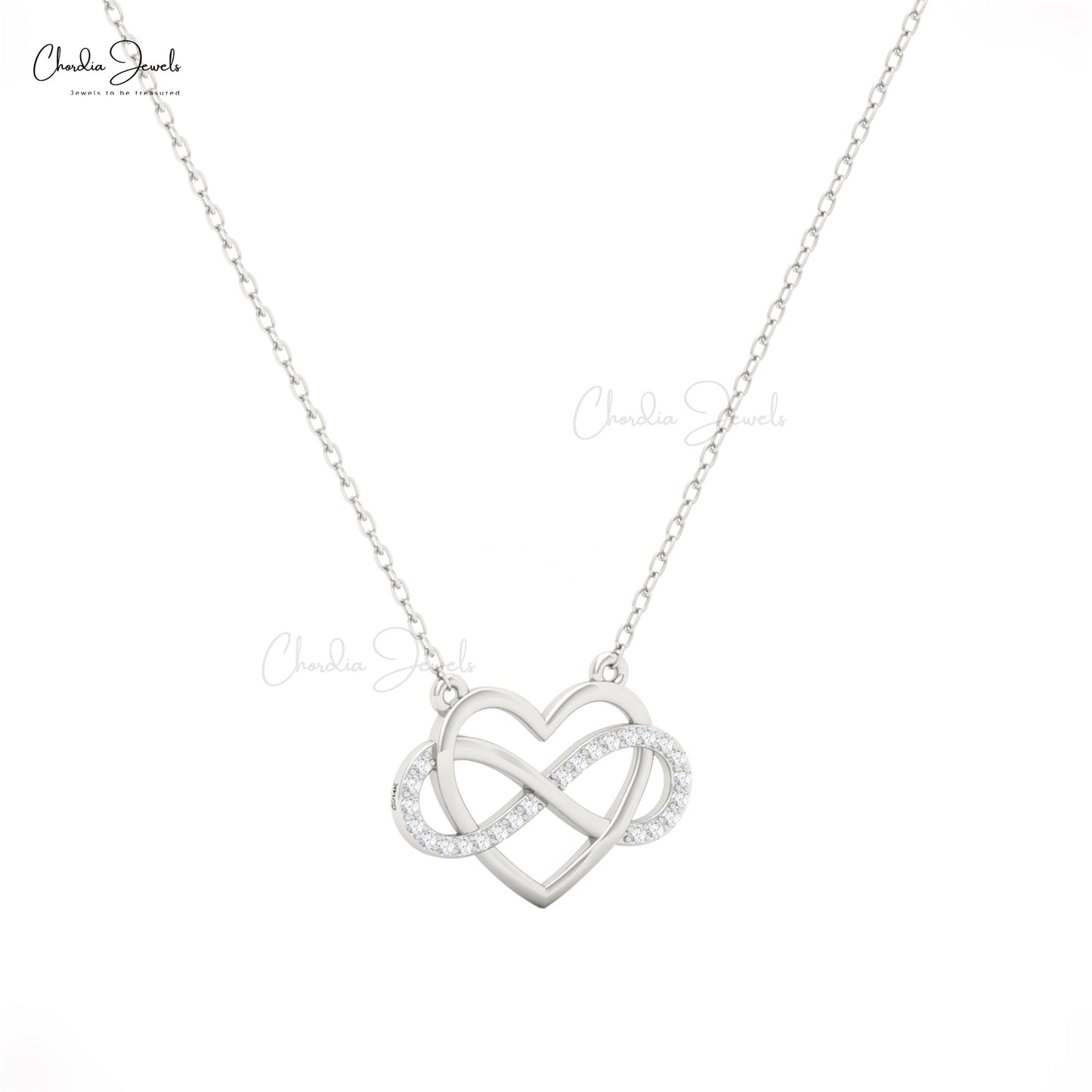 Infinity symbol pendant necklace in 14k gold featuring white diamonds