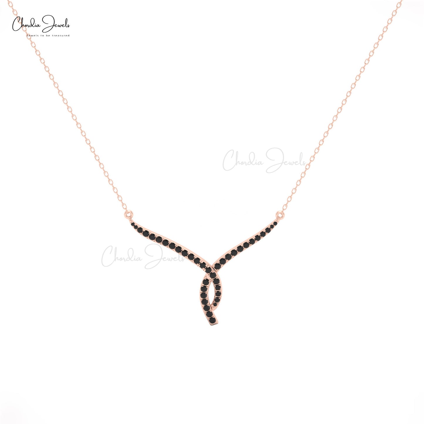 Black diamond necklace in 14K gold with elegant twisted detailing.