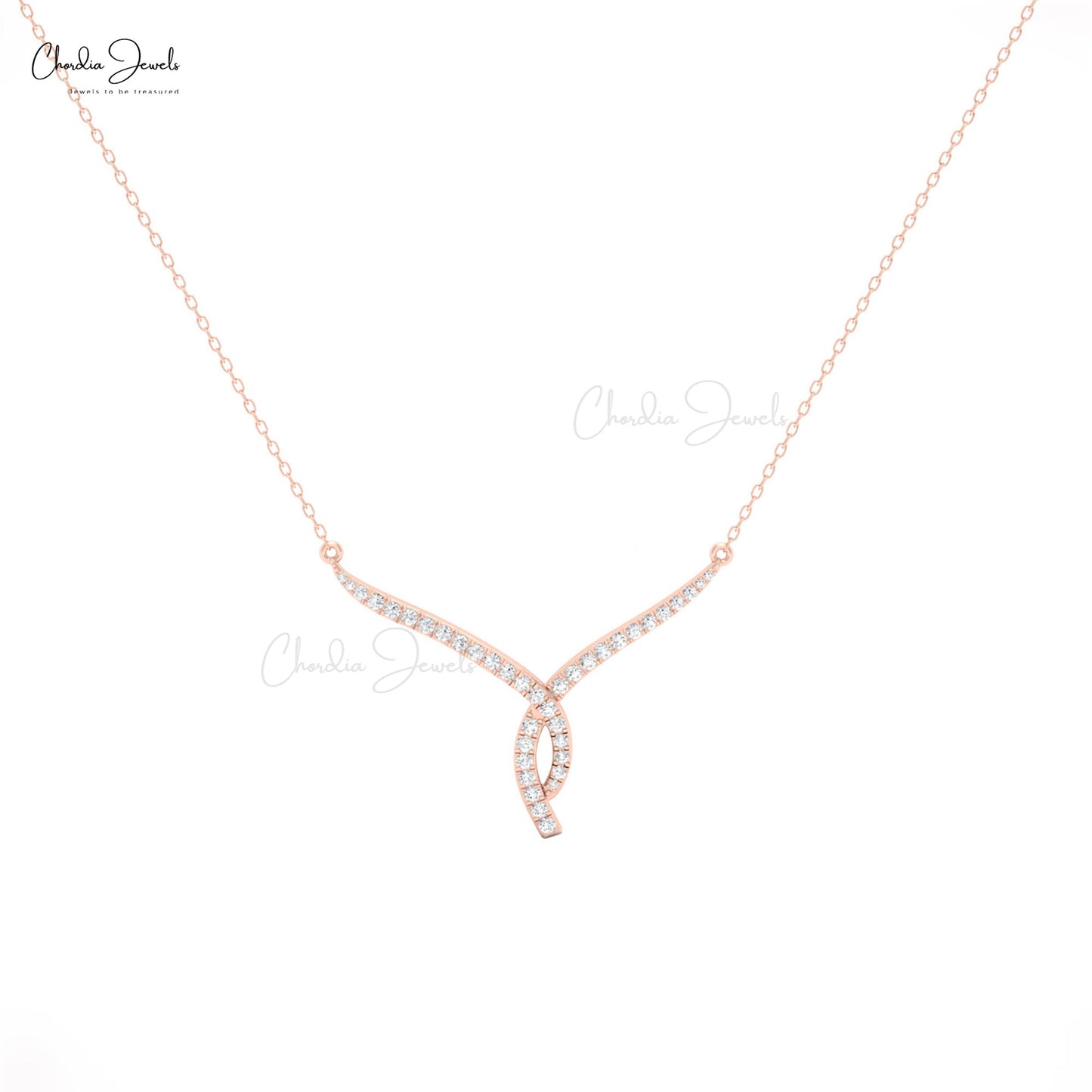 Gorgeous twisted V necklace in 14K gold with white diamonds, the perfect wedding accessory.