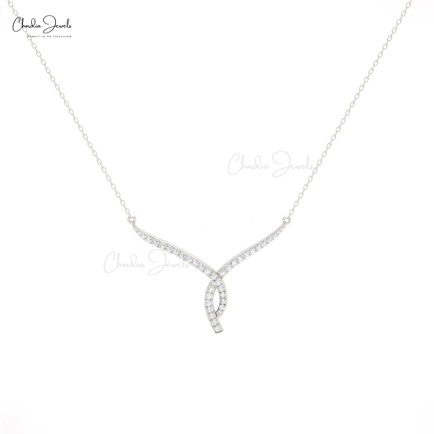 Luxurious twisted V-shaped necklace in 14K gold with white diamonds, perfect for weddings.