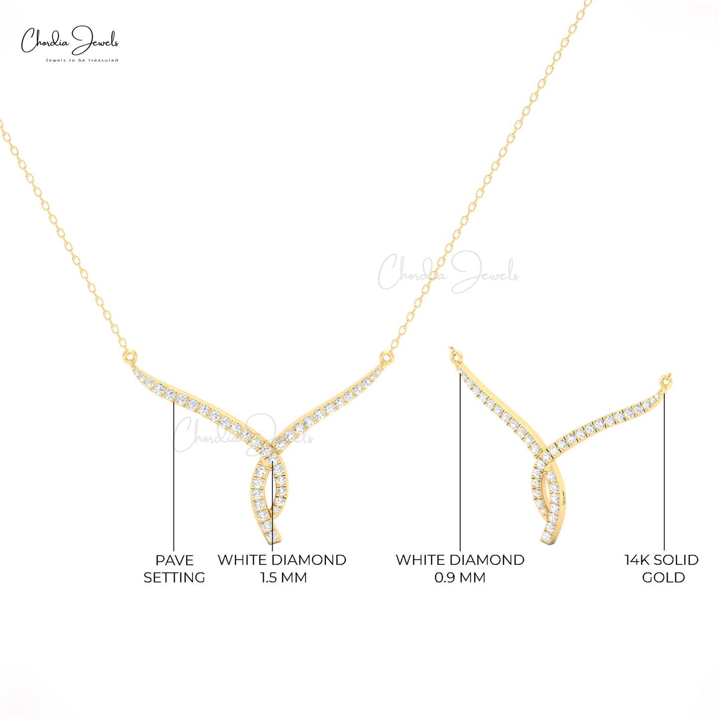 Stunning twisted V necklace in 14K gold adorned with white diamonds for a luxurious touch.