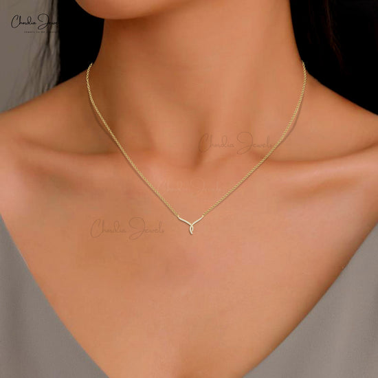 14K solid gold necklace with a twisted V design and white diamonds, ideal for brides.