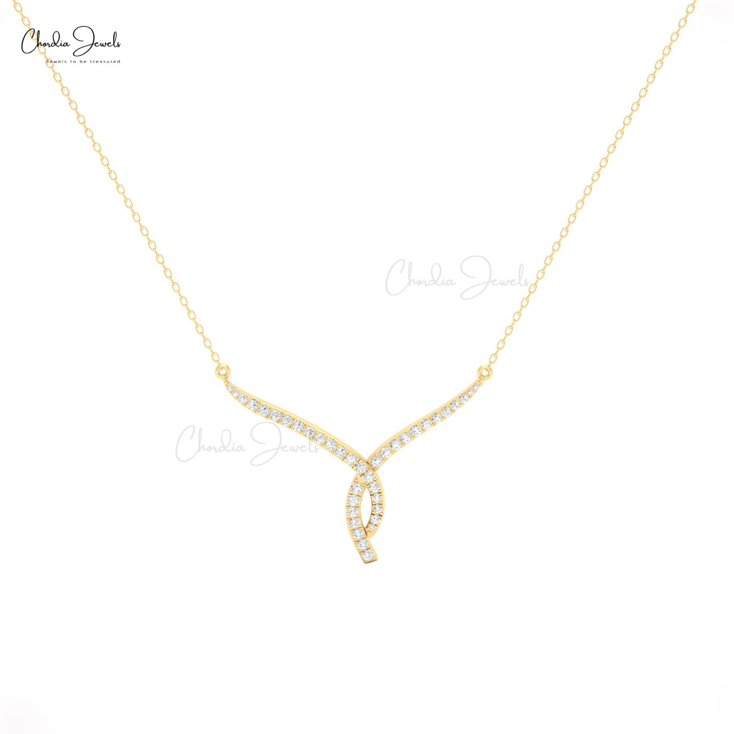 Twisted V necklace in 14K solid gold with white diamonds for a timeless bridal look.