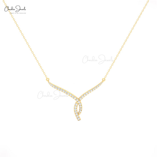 Twisted V necklace in 14K solid gold with white diamonds for a timeless bridal look.