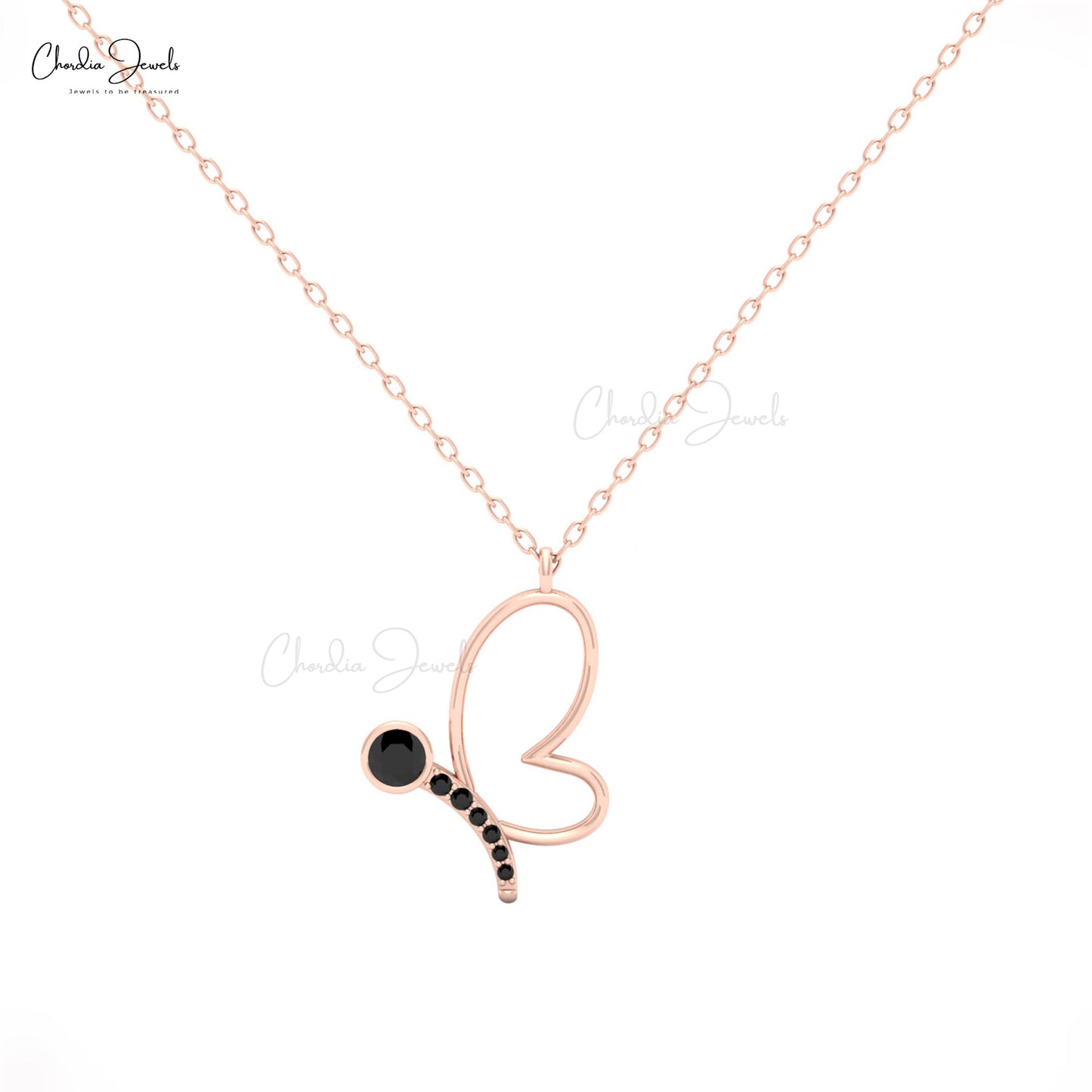 Butterfly charm necklace with black diamond in 14K solid gold by chordia Jewels