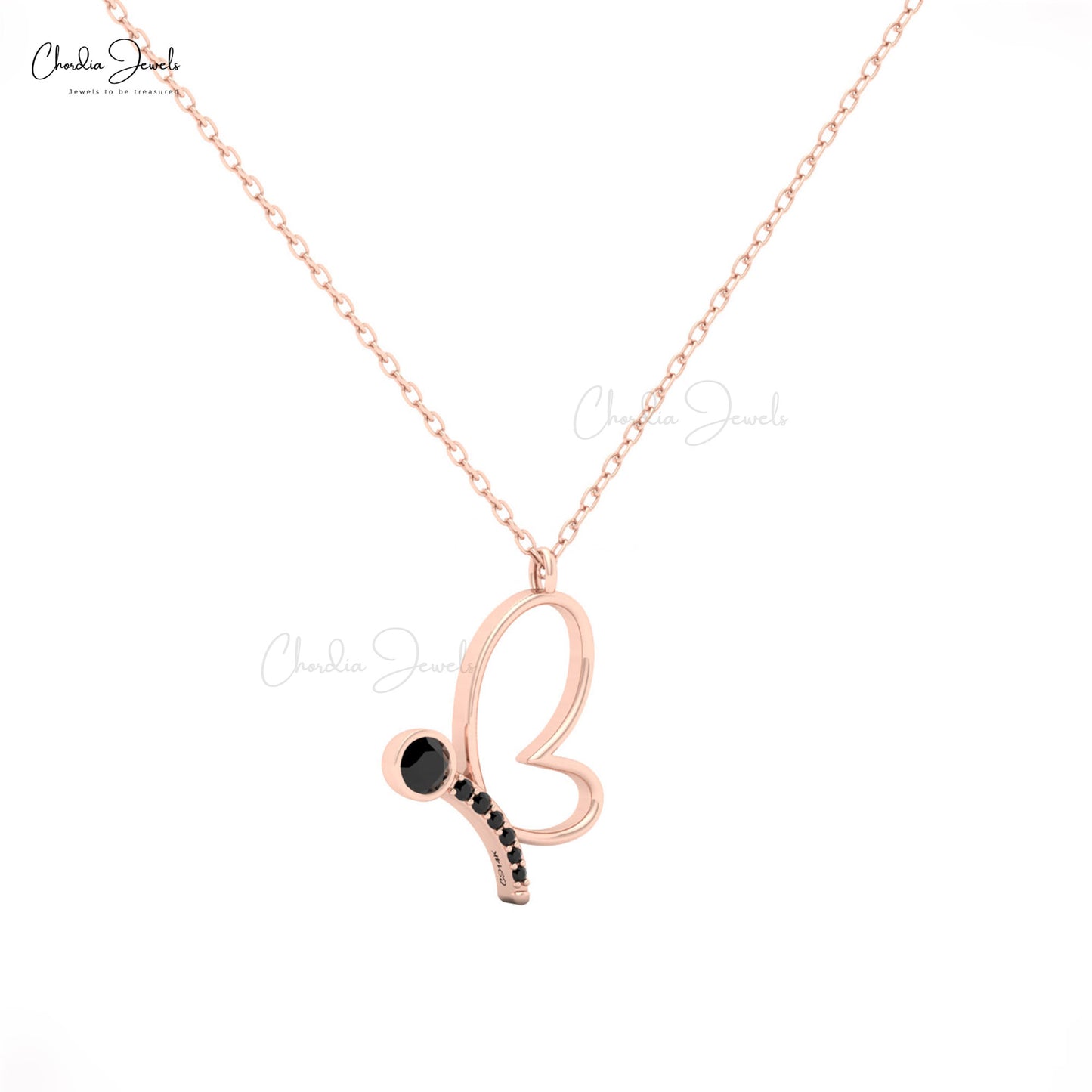 Elegant 14K gold butterfly necklace with black diamond pendant.