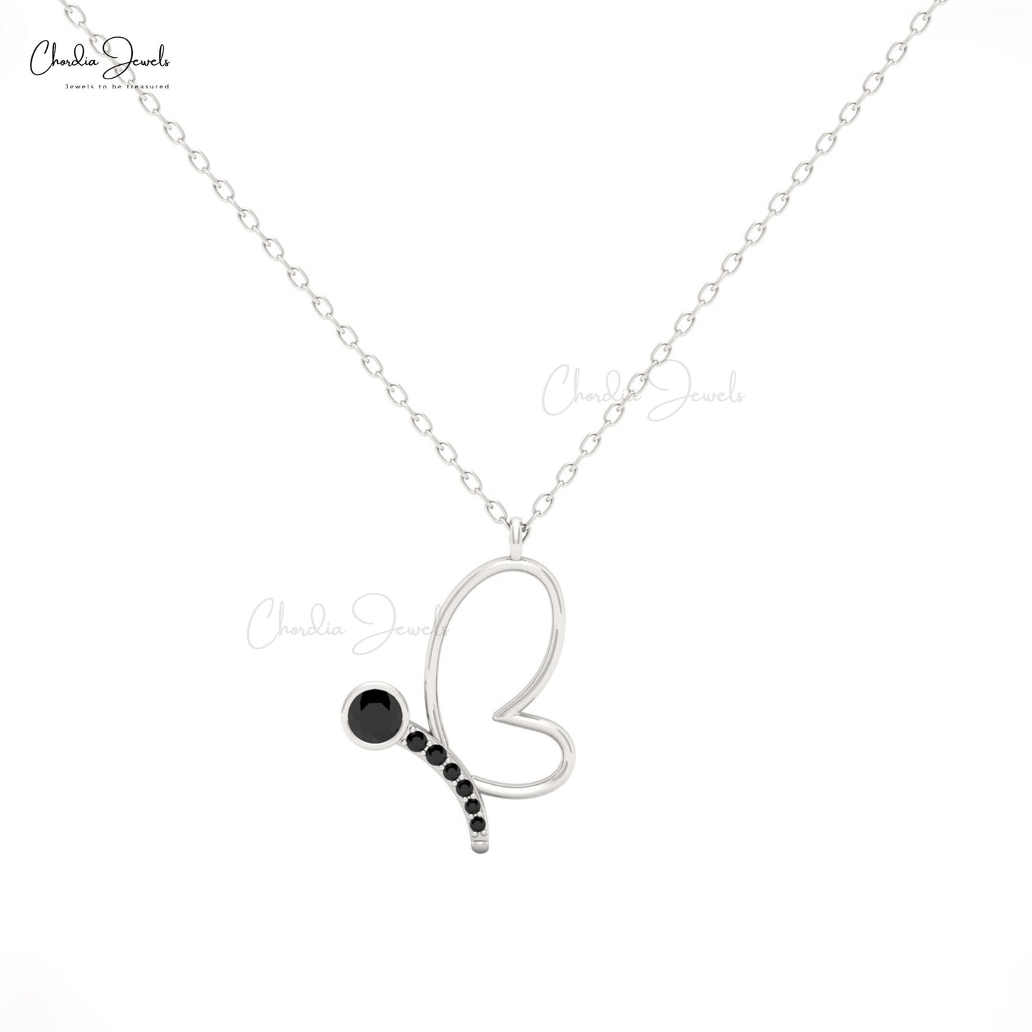 14K solid gold necklace with butterfly charm and black diamond detail.