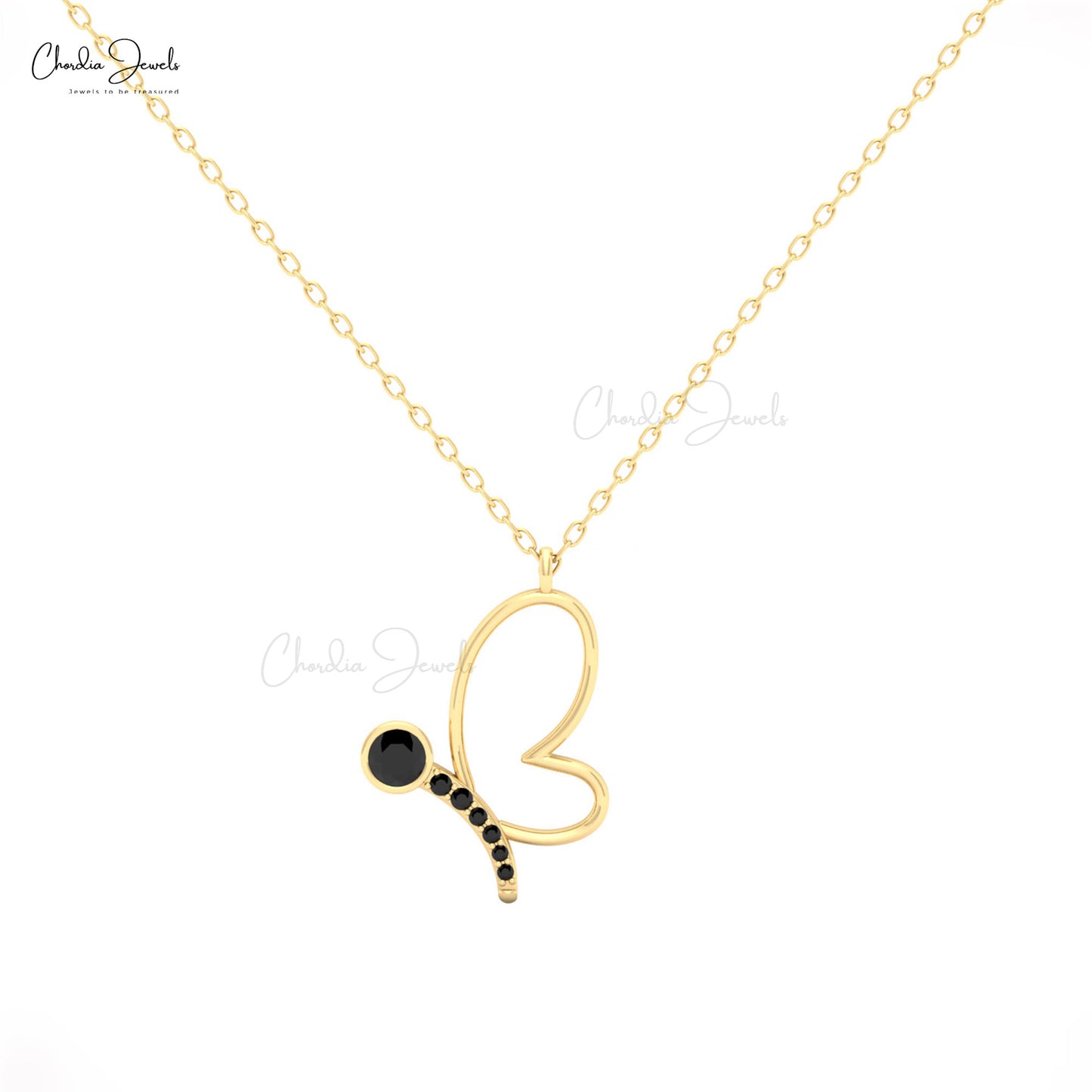 Yellow Gold butterfly pendant necklace with black diamond accent.