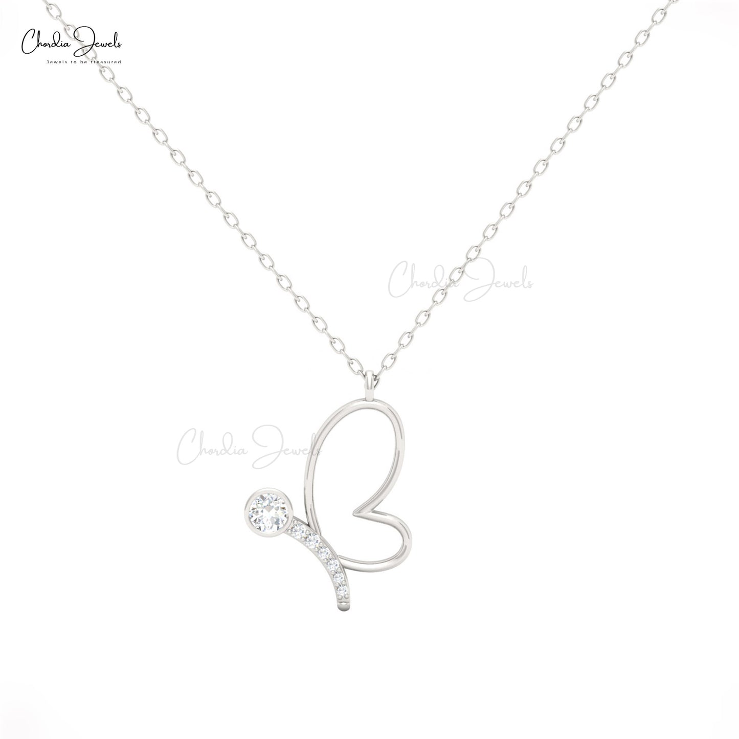 CJ Butterfly Charm Necklace with 16mm white diamond in 14K solid gold