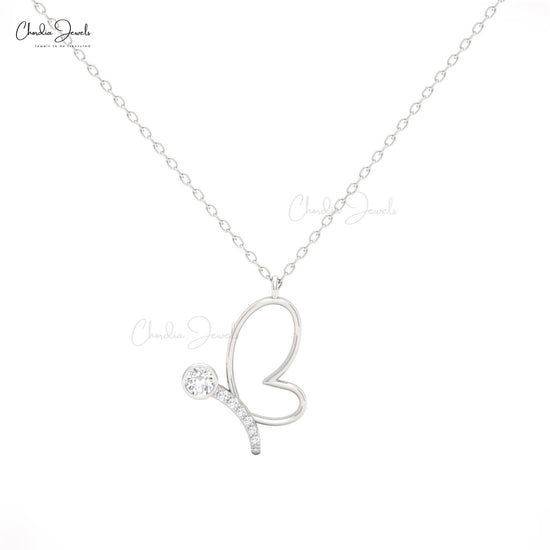 CJ Butterfly Charm Necklace with 16mm white diamond in 14K solid gold