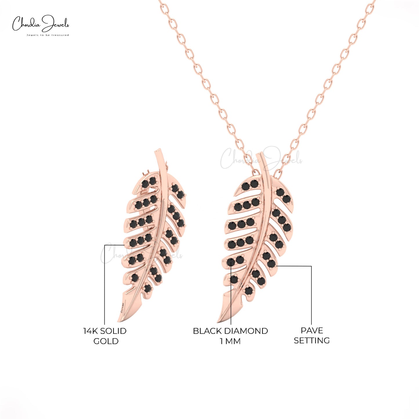 14K gold leaf necklace with black diamond detail
