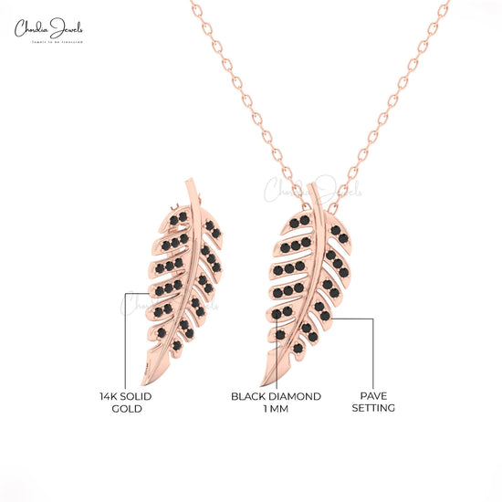 14K gold leaf necklace with black diamond detail