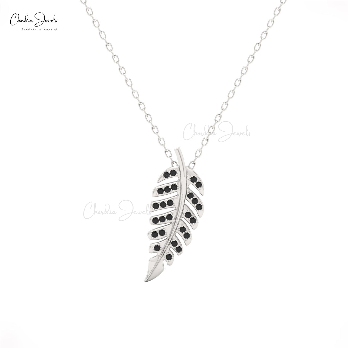 White Gold leaf-shaped pendant with black diamond valentines day gift