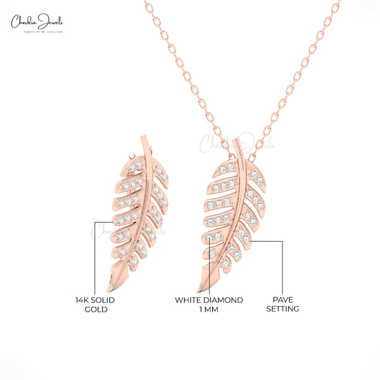 Elegant 14K gold leaf charm necklace with diamonds