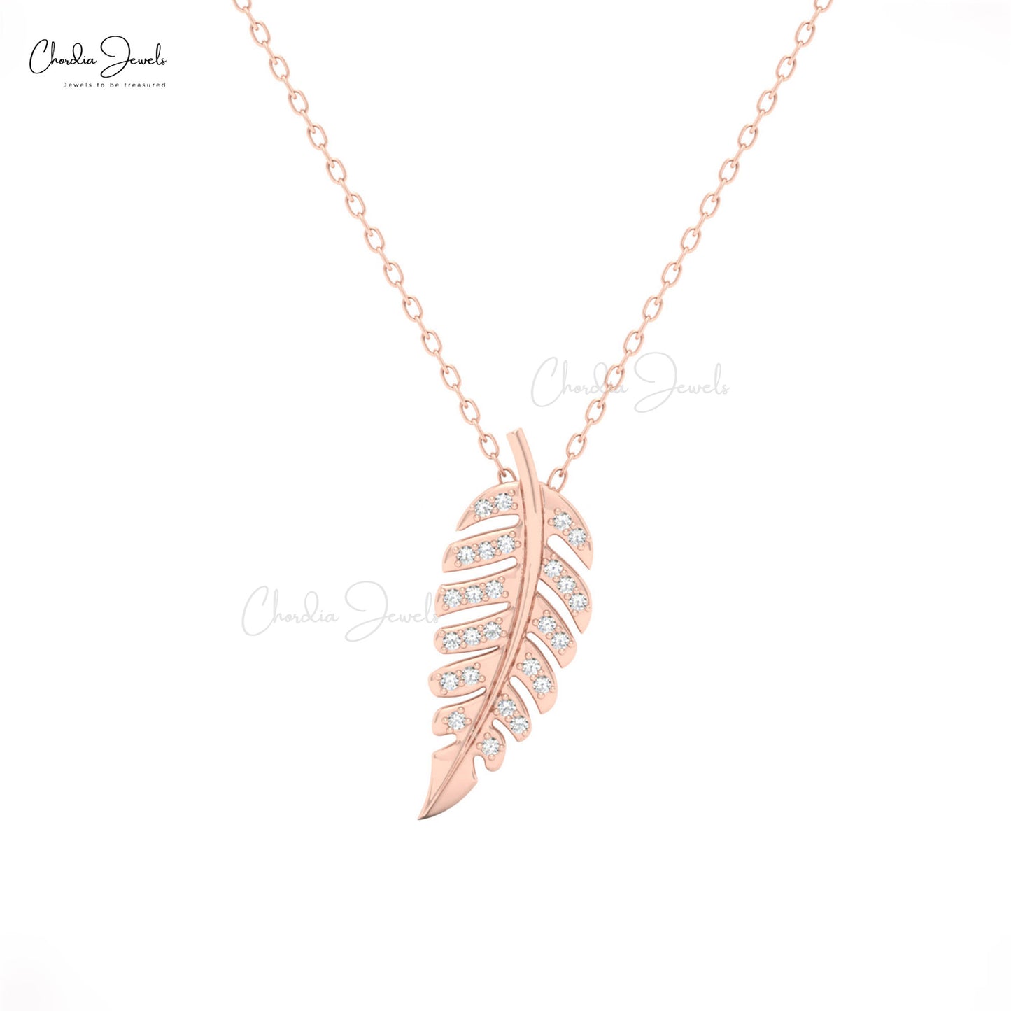 CJ leaf pendant necklace in 14K solid gold with white diamonds