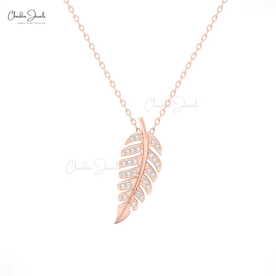 CJ leaf pendant necklace in 14K solid gold with white diamonds
