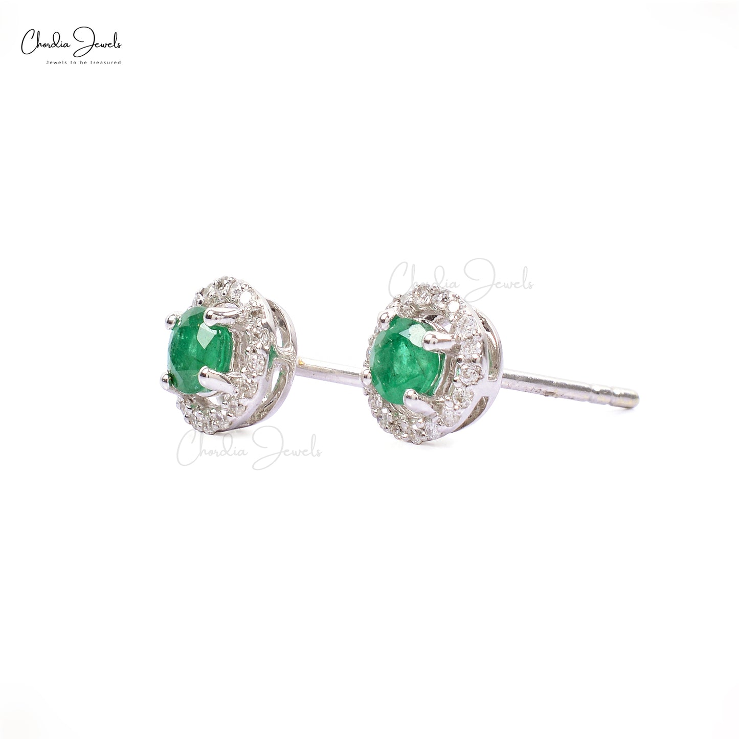 Genuine Emerald Earrings with Diamond Halo 14k White Gold 0.46ct Round Gemstone Earring