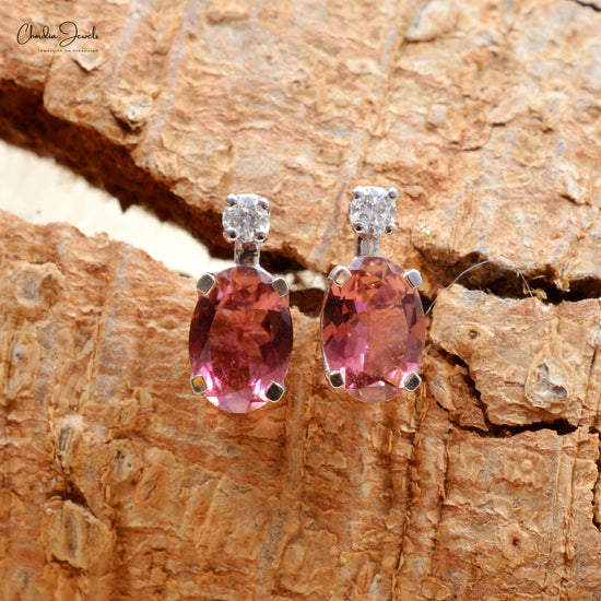 Natural Pink Tourmaline & Round 0.06ct Diamond Studs 14k White Gold Minimalist Earrings