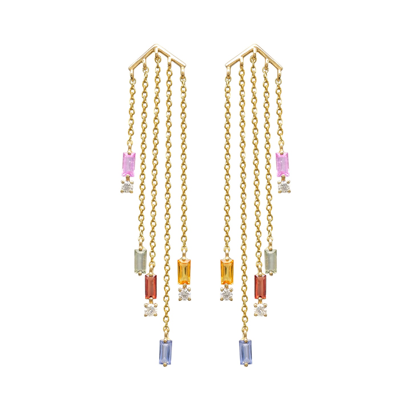 Dangle Chain Certified Earring With 4x2mm Multi Sapphire Diamond 14k Yellow Gold Earrings