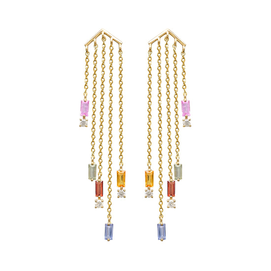 Dangle Chain Certified Earring With 4x2mm Multi Sapphire Diamond 14k Yellow Gold Earrings