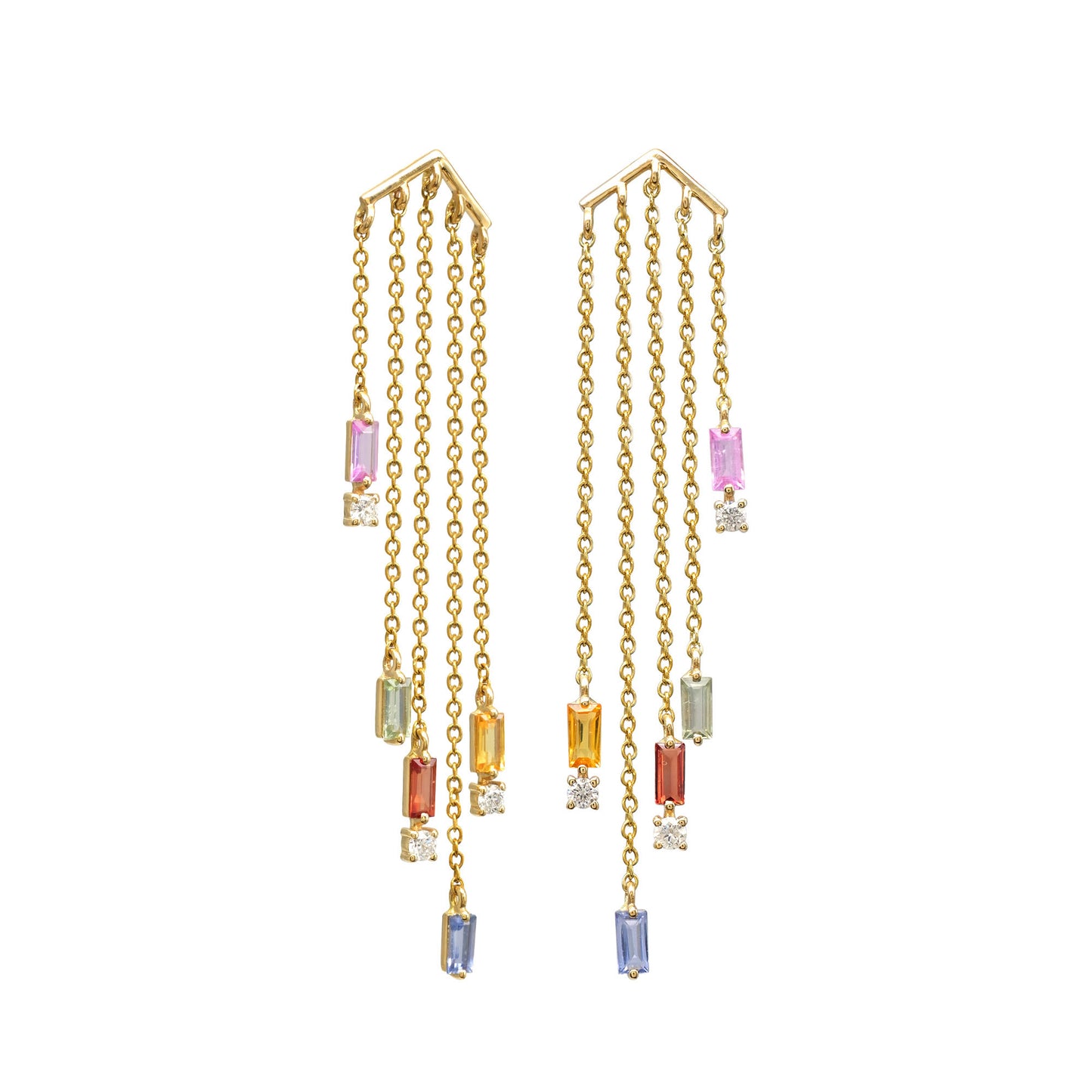 Dangle Chain Certified Earring With 4x2mm Multi Sapphire Diamond 14k Yellow Gold Earrings