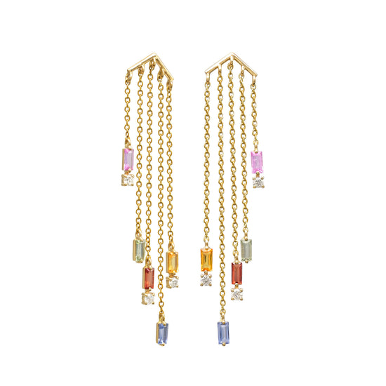 Dangle Chain Certified Earring With 4x2mm Multi Sapphire Diamond 14k Yellow Gold Earrings