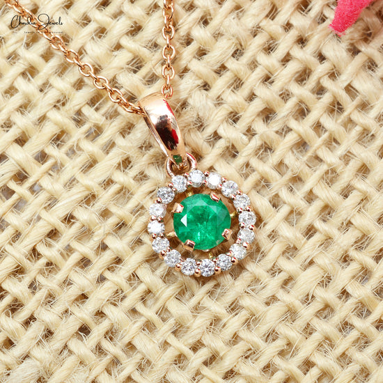 New Design White Diamond Halo Pendant in 14k Pure Rose Gold Genuine Green Emerald Gemstone Pendant Necklace Minimalist Jewelry For Gift