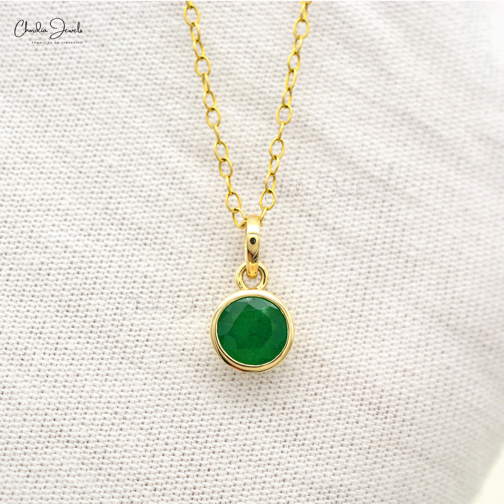 Round Emerald Single Stone Charm Pendant In 14k Real Gold