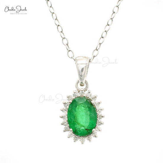 Natural 1.1ct Emerald Gemstone Cluster Pendant 14k White Gold Diamond Halo Pendant For Her