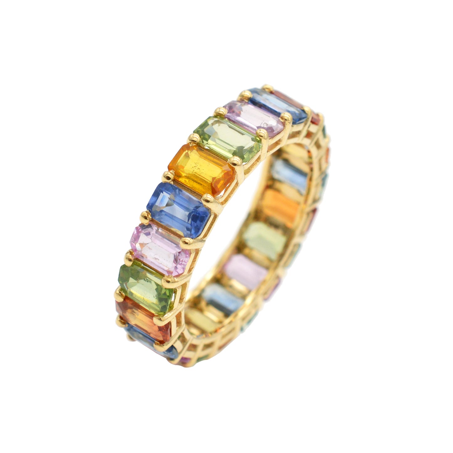 Outentieke Multi Saffier Edelsteen Ewigheid Band 14k Soliede Geel Goud Belofte Ring Vir Geskenk
