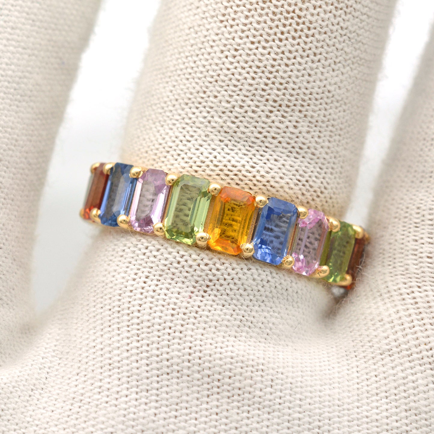 Outentieke Multi Saffier Edelsteen Ewigheid Band 14k Soliede Geel Goud Belofte Ring Vir Geskenk