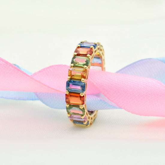 Authentic Multi Sapphire Gemstone Eternity Band 14k Solid Yellow Gold Promise Ring For Gift