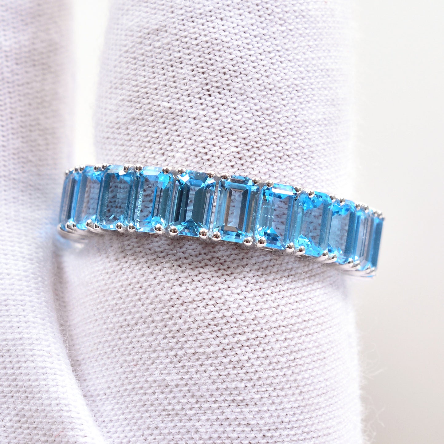 Natural 5x3mm Swiss Blue Topaz Eternity Band 14k Solid White Gold December Birthstone Ring