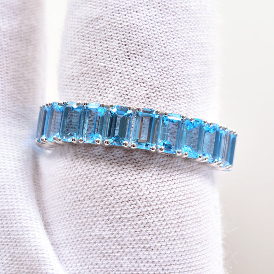 Natural 5x3mm Swiss Blue Topaz Eternity Band 14k Solid White Gold December Birthstone Ring