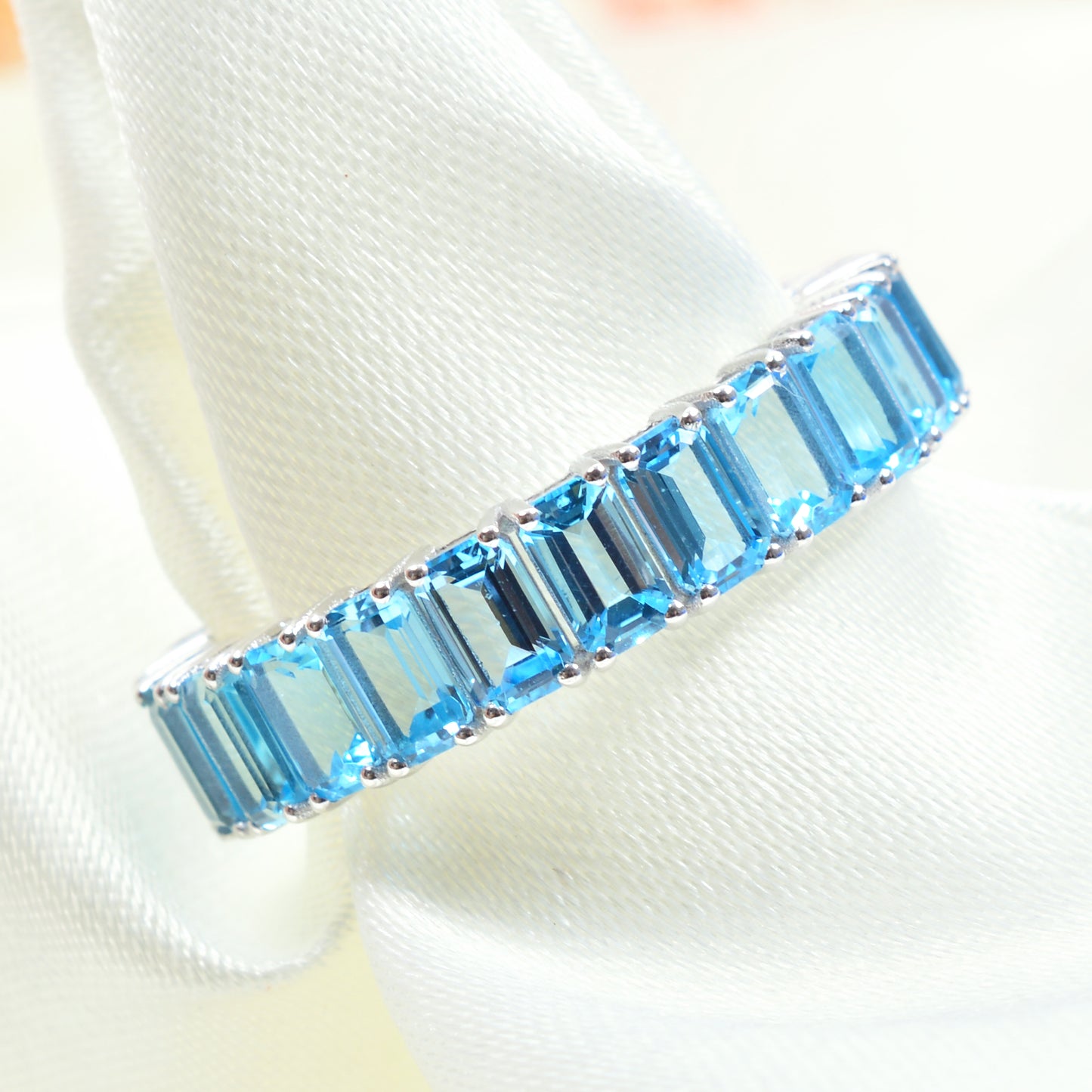 Natural 5x3mm Swiss Blue Topaz Eternity Band 14k Solid White Gold December Birthstone Ring