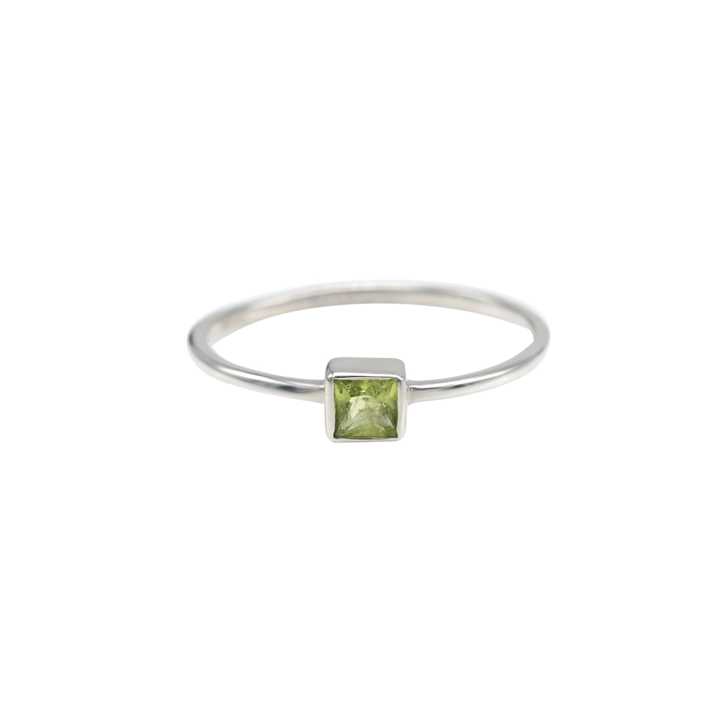 Single Square Cut Ring With 3mm Peridot Gemstone Bezel Set In 925 Solid Silver Ring