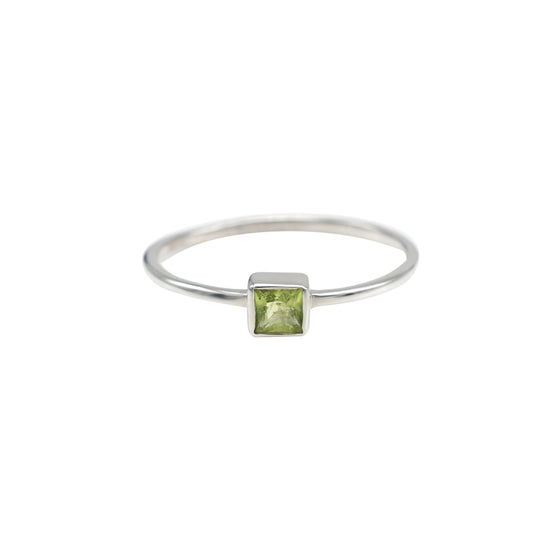 Single Square Cut Ring With 3mm Peridot Gemstone Bezel Set In 925 Solid Silver Ring