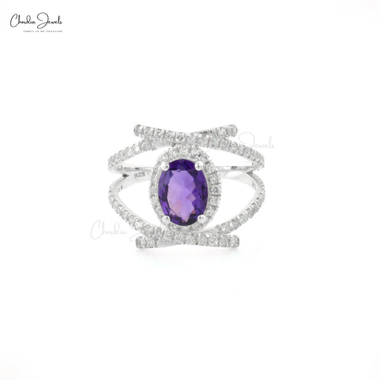 Natural Amethyst Halo Ring High Quality 925 Sliver Double Shank Ring 8X6MM Oval Cut Gemstone Ring