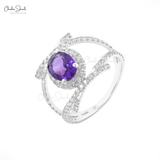 Natural Amethyst Halo Ring High Quality 925 Sliver Double Shank Ring 8X6MM Oval Cut Gemstone Ring