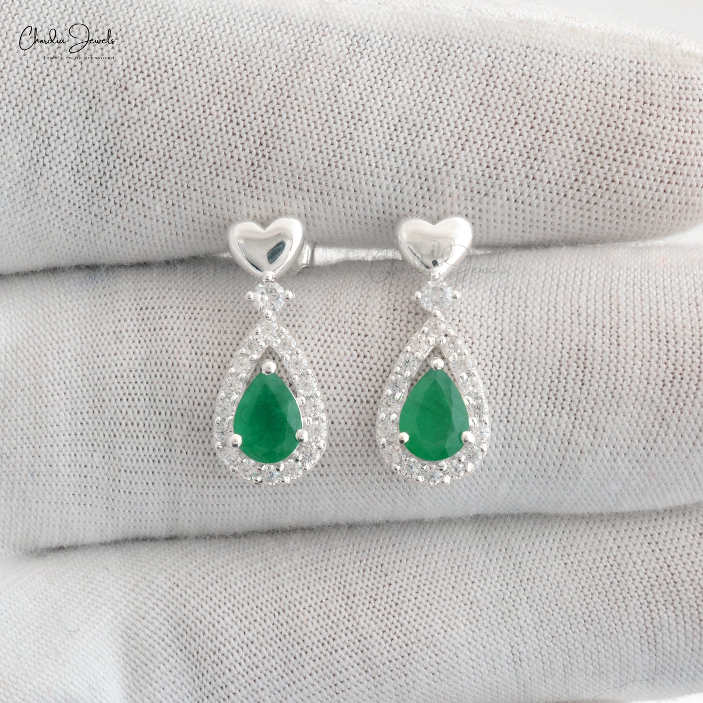 Pear Cut Emerald 925 Silver Earring With Cubic Zircon  Halo Dangling Push Back Earrings
