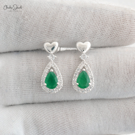 Pear Cut Emerald 925 Silver Earring With Cubic Zircon  Halo Dangling Push Back Earrings
