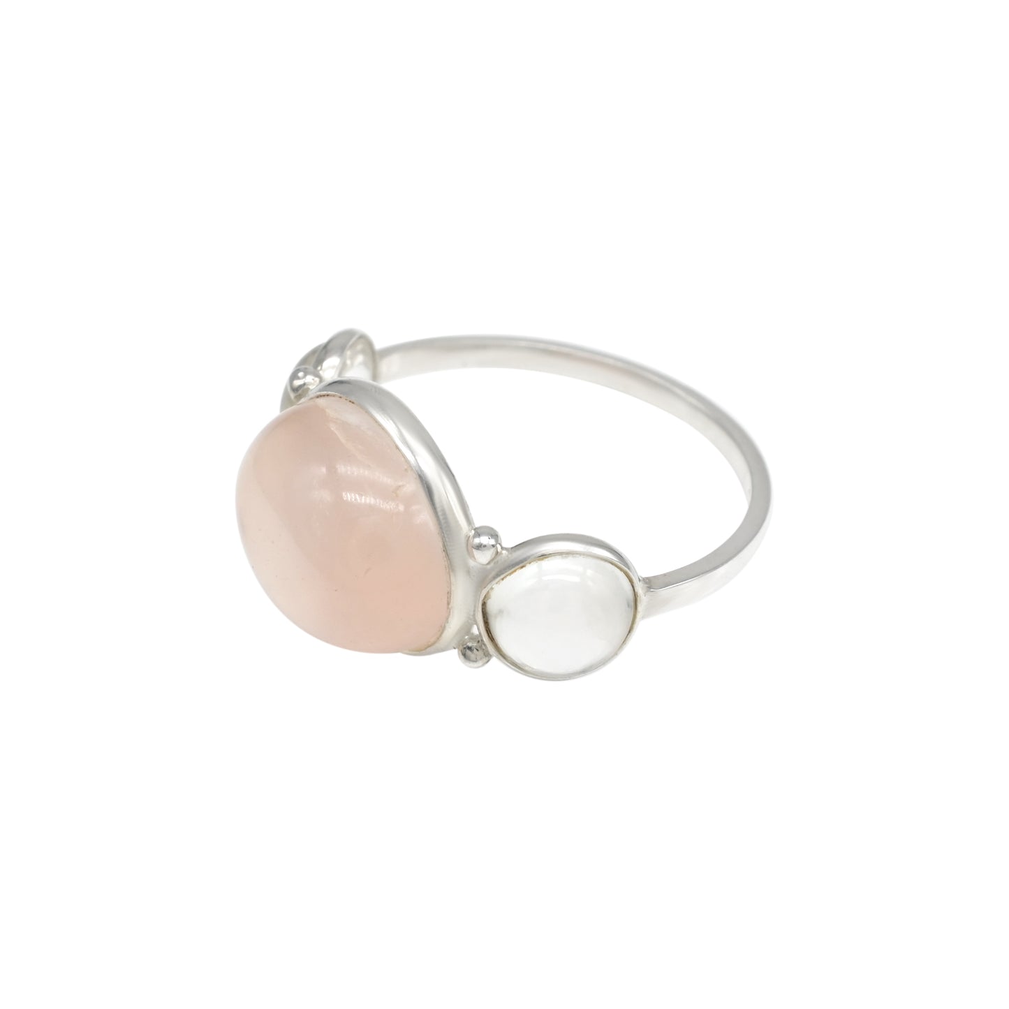Top Quality 6 Ct Rose Quartz Cabochon And White Topaz Trio Ring In 925 Solid Silver