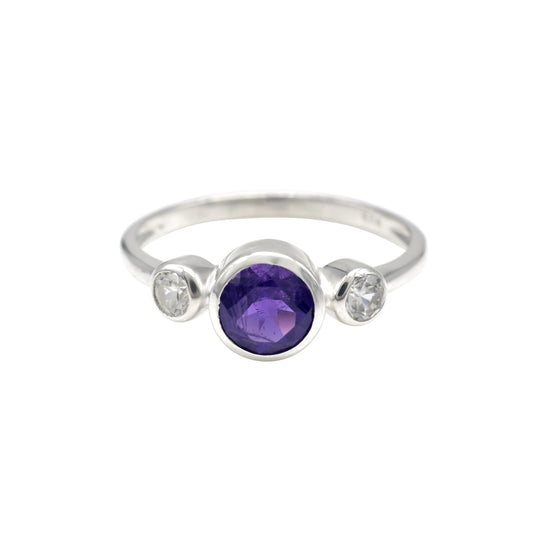 Round Amethyst 6mm Gemstone Bezel Set In 925 Sterling Silver Zircon 3 Stone Ring