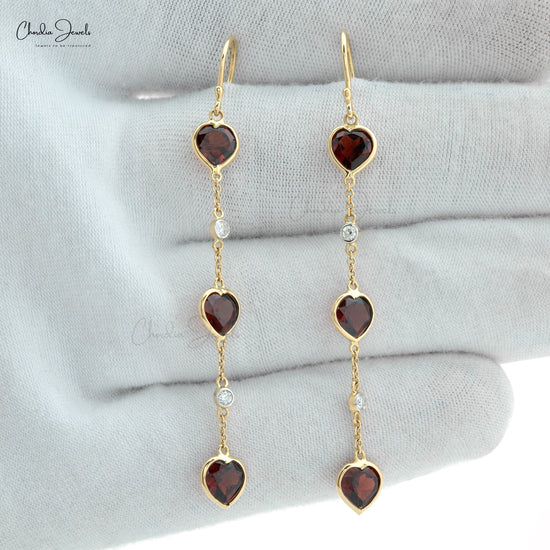 Stunning Heart Garnet Dangling Earrings 14k Yellow Gold Diamond Accents Long Earring For Gift