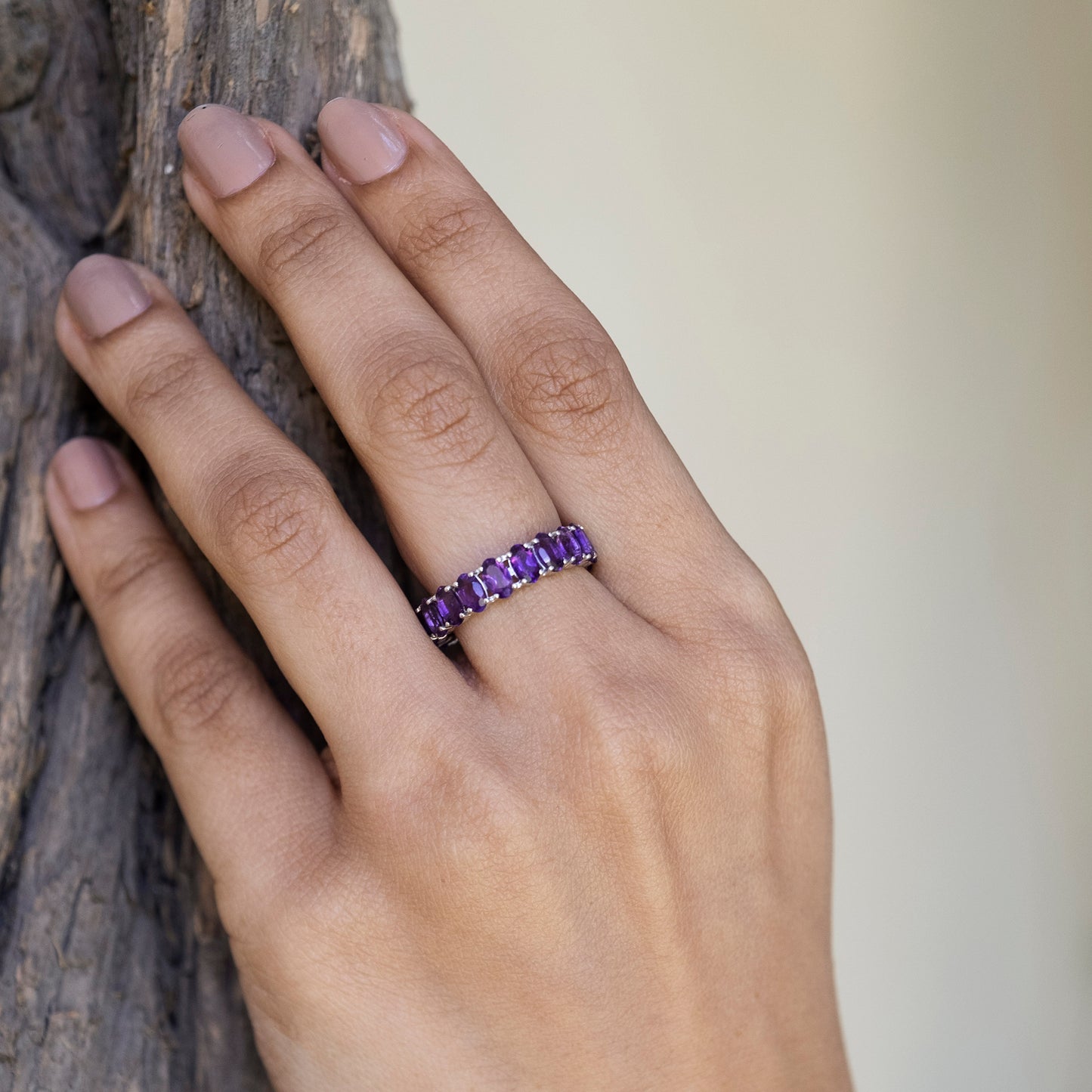 Real 14k White Gold Full Eternity Ring With 4.4 Ct Amethyst Gemstone Stack Band Rings