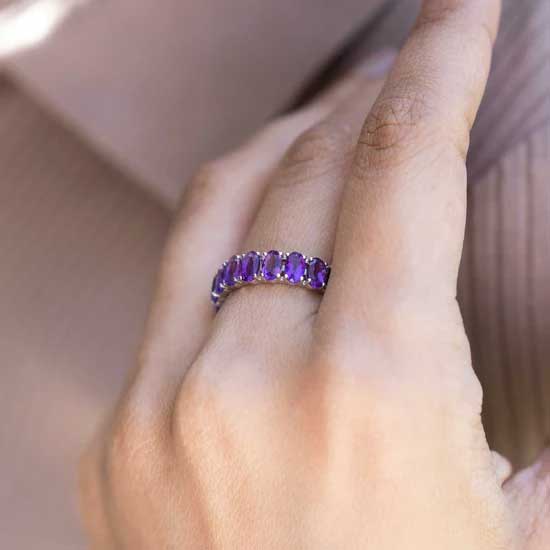 Dazzling 14k White Gold Eternity Band Natural Amethyst Gemstone Ring For Anniversary Gift