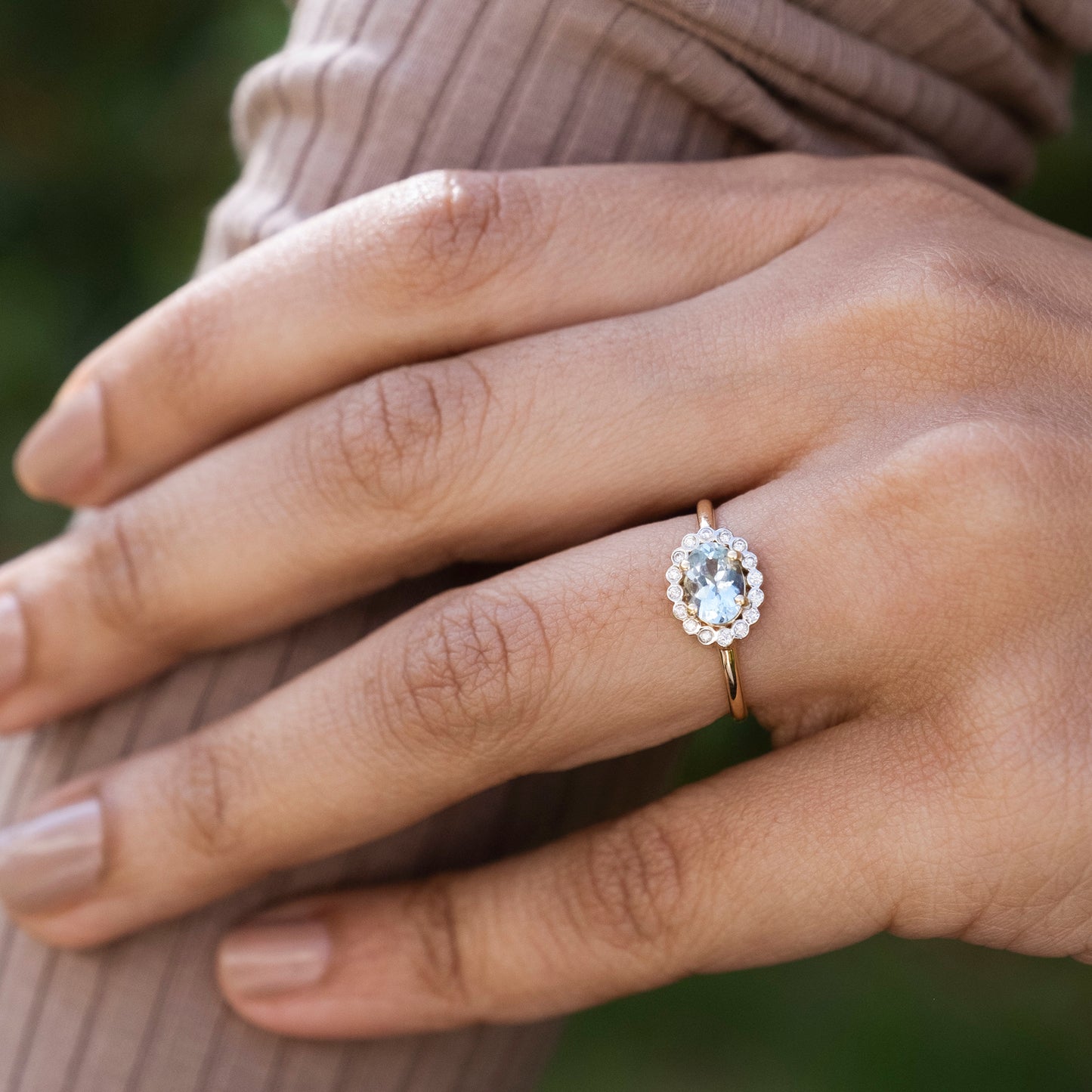 Classic 7x5mm Aquamarine Halo Ring With Diamond Accents