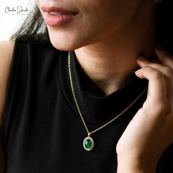 Elegant 14k Yellow Gold Diamond Halo Necklace Natural Emerald Fine Stone Statement Necklace