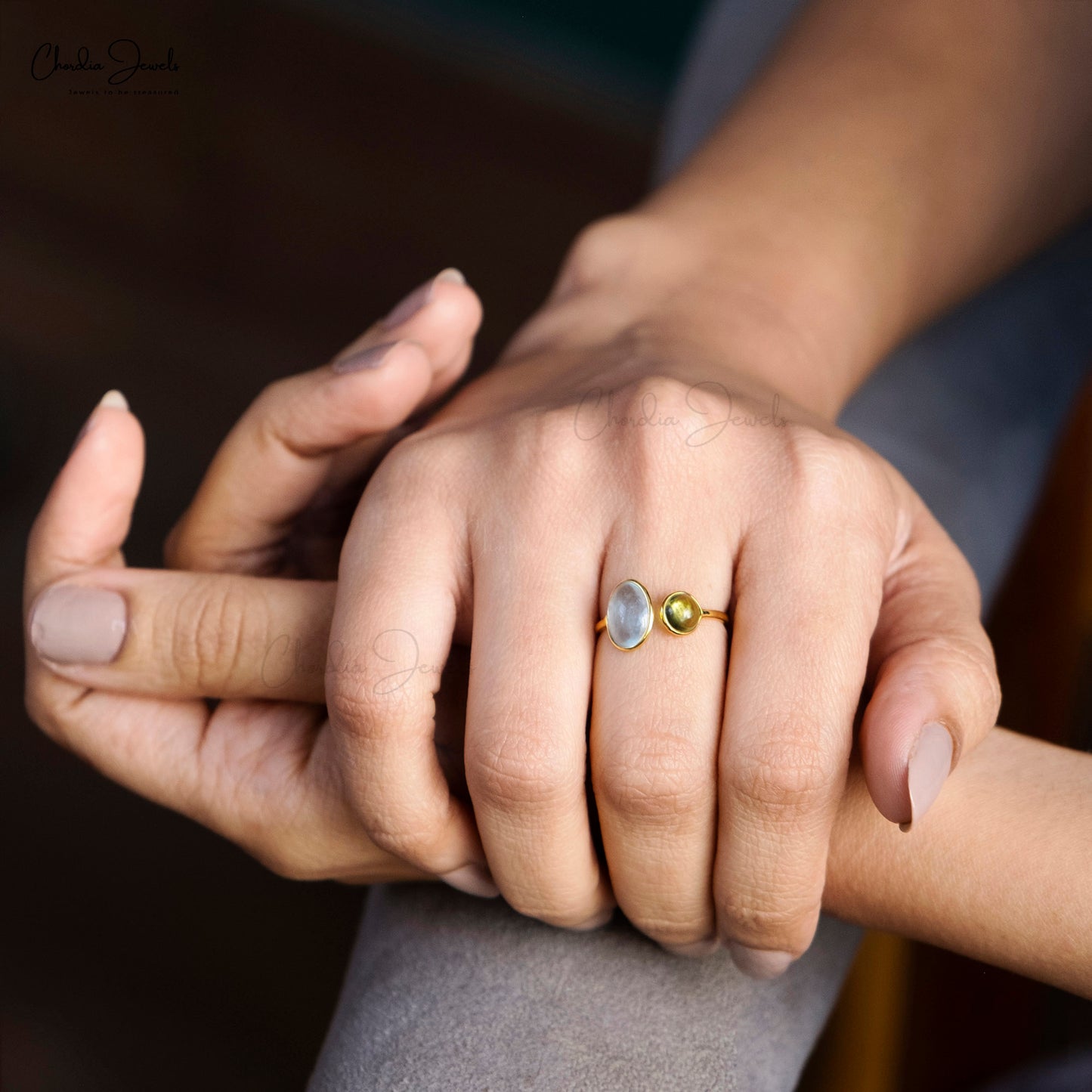Genuine Aquamarine & Peridot Gemstone Unique Ring 14k Yellow Gold 2-Stone Ring For Women