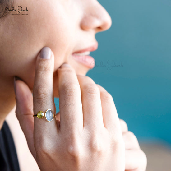 Load image into Gallery viewer, Genuine Aquamarine &amp;amp; Peridot Gemstone Unique Ring 14k Yellow Gold 2-Stone Ring For Women
